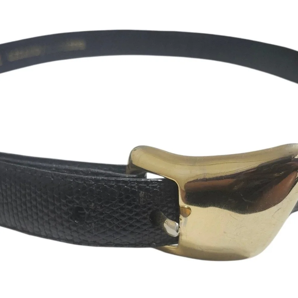 Vintage Ilana Goor Black Lizard Cowhide Leather Belt Gold Sculptural Buckle 38in